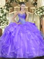 Glittering Lavender Lace Up Sweetheart Beading and Ruffles Ball Gown Prom Dress Organza Sleeveless