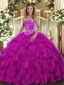 Fuchsia Lace Up Strapless Beading and Ruffles 15th Birthday Dress Organza Sleeveless