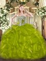 Gorgeous Floor Length Lace Up Quinceanera Dresses Olive Green for Military Ball and Sweet 16 and Quinceanera with Beading and Ruffles