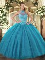 Teal Tulle Lace Up Sweet 16 Dress Sleeveless Floor Length Beading and Embroidery