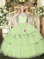 Organza Scoop Sleeveless Zipper Lace and Ruffled Layers Ball Gown Prom Dress in Olive Green
