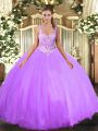 Fancy Lavender Sleeveless Tulle Lace Up Quinceanera Gown for Military Ball and Sweet 16 and Quinceanera
