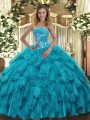 Graceful Strapless Sleeveless Organza Ball Gown Prom Dress Beading and Ruffles Lace Up