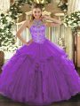 Luxurious Halter Top Sleeveless Organza Quinceanera Gowns Beading and Embroidery Lace Up