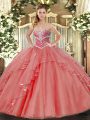 Best Selling Coral Red Tulle Lace Up Quinceanera Gown Sleeveless Floor Length Beading and Ruffles