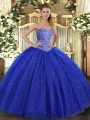Fancy Floor Length Ball Gowns Sleeveless Royal Blue Quince Ball Gowns Lace Up