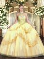 Gold Ball Gowns Tulle Halter Top Sleeveless Appliques and Sequins Floor Length Lace Up 15th Birthday Dress