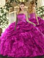 Fuchsia Organza Lace Up Strapless Sleeveless Floor Length Quinceanera Gown Ruffles and Pick Ups