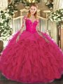 Lace and Ruffles Quinceanera Gown Hot Pink Lace Up Long Sleeves Floor Length