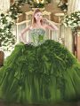 Floor Length Lace Up Sweet 16 Dresses Olive Green for Military Ball and Sweet 16 and Quinceanera with Beading and Ruffles