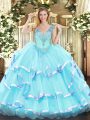 Affordable Aqua Blue Ball Gowns Organza V-neck Sleeveless Ruffled Layers Floor Length Lace Up Sweet 16 Dress