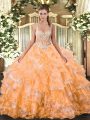 Organza Straps Sleeveless Lace Up Beading and Ruffled Layers Sweet 16 Dresses in Orange