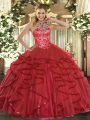 Romantic Coral Red Sleeveless Beading and Ruffles Floor Length Sweet 16 Dress