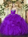 Shining Purple Organza Lace Up Sweetheart Sleeveless Floor Length Vestidos de Quinceanera Beading and Ruffles