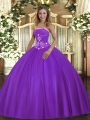 Comfortable Purple Ball Gowns Beading Sweet 16 Dress Lace Up Tulle Sleeveless Floor Length