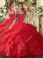 Red Lace Up Halter Top Ruffles Ball Gown Prom Dress Tulle Sleeveless