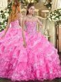 Embroidery and Ruffled Layers Quinceanera Gown Rose Pink Lace Up Sleeveless Floor Length