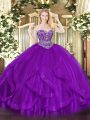 Eggplant Purple Ball Gowns Tulle Sweetheart Sleeveless Ruffles Floor Length Lace Up Quinceanera Gown