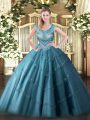 Teal Ball Gowns Scoop Sleeveless Tulle Floor Length Lace Up Beading and Appliques Sweet 16 Dresses