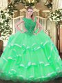Most Popular Apple Green Ball Gowns Organza Scoop Sleeveless Beading and Ruffled Layers Floor Length Lace Up Vestidos de Quinceanera