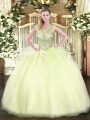 Decent Light Yellow Ball Gowns Beading Quince Ball Gowns Lace Up Organza Sleeveless Floor Length