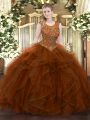 Adorable Sleeveless Tulle Floor Length Zipper Quinceanera Gown in Brown with Beading and Ruffles