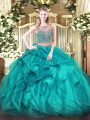 Sleeveless Floor Length Beading and Ruffles Lace Up Sweet 16 Dresses with Teal