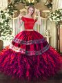 Amazing Fuchsia Off The Shoulder Neckline Embroidery and Ruffles Sweet 16 Dress Short Sleeves Zipper