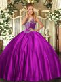 Sleeveless Satin Floor Length Lace Up Quinceanera Dress in Fuchsia with Beading