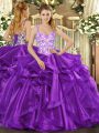 Fitting Eggplant Purple Ball Gowns Organza Straps Sleeveless Beading and Appliques and Ruffles Floor Length Lace Up Sweet 16 Dress