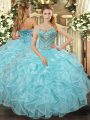 Sleeveless Tulle Floor Length Lace Up Quinceanera Gown in Aqua Blue with Beading and Ruffled Layers