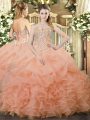 Pretty Peach Sleeveless Floor Length Beading and Ruffles and Pick Ups Lace Up Quinceanera Gowns