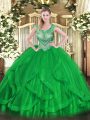 Designer Tulle Scoop Sleeveless Lace Up Beading and Ruffles Quince Ball Gowns in Green
