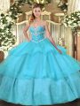 Aqua Blue Lace Up Ball Gown Prom Dress Beading and Ruffled Layers Sleeveless Floor Length