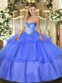 Blue Sweetheart Lace Up Beading and Ruffled Layers Quince Ball Gowns Sleeveless