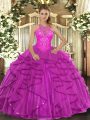 Dramatic Fuchsia Ball Gowns Beading and Ruffles Sweet 16 Dress Lace Up Organza Sleeveless Floor Length