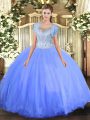 Trendy Blue Ball Gowns Tulle Scoop Sleeveless Beading Floor Length Clasp Handle Sweet 16 Dress