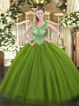 Olive Green Ball Gowns Beading Quinceanera Gown Lace Up Tulle and Sequined Sleeveless Floor Length