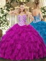 Fashion Sweetheart Sleeveless Lace Up Quince Ball Gowns Fuchsia Tulle