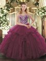 Beading and Ruffles Vestidos de Quinceanera Burgundy Lace Up Sleeveless Floor Length