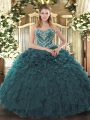 Classical Teal Tulle Lace Up Sweet 16 Quinceanera Dress Sleeveless Floor Length Beading and Ruffled Layers