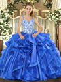 Straps Sleeveless Lace Up Quinceanera Dresses Blue Organza
