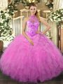 Floor Length Rose Pink Sweet 16 Quinceanera Dress Organza Sleeveless Beading and Ruffles