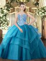 Ideal Tulle Sleeveless Floor Length Quinceanera Gowns and Beading and Ruffled Layers