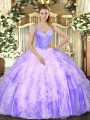 Nice Lavender Quince Ball Gowns Military Ball and Sweet 16 and Quinceanera with Beading and Ruffles V-neck Sleeveless Lace Up