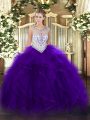 Ideal Scoop Sleeveless 15 Quinceanera Dress Floor Length Beading and Ruffles Purple Tulle