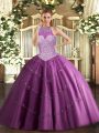 Halter Top Sleeveless Lace Up Ball Gown Prom Dress Fuchsia Tulle