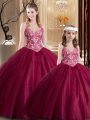 Lace Quinceanera Dresses Wine Red Lace Up Sleeveless Floor Length