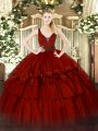 Wine Red Organza Zipper Straps Sleeveless Floor Length Sweet 16 Dresses Beading and Ruffled Layers