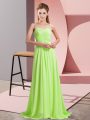 Stunning Yellow Green Criss Cross Prom Dresses Ruching Sleeveless Sweep Train